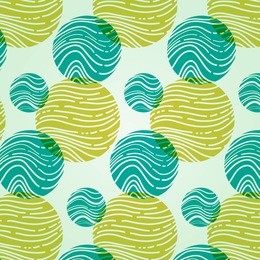abstract pattern with circles and waves in turquoise and mustard colors.