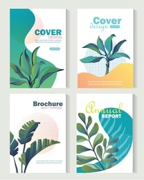 set of brochure and annual report cover design templates on the subject of nature, environment and organic products. vector illustrations for flyer layout, marketing material, magazines, presentations