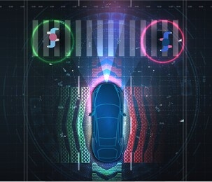 automatic braking system avoid car crash from car accident. driverless or self driving car at road. futuristic autonomous vehicle remote sensing system. transport with wireless signal. autopilot. eps