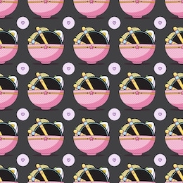 vector seamless pattern, kawaii anime style. lovely plate with food, chopsticks, eggs and ramen, noodle. perfect for background, ornament, cute texture for design