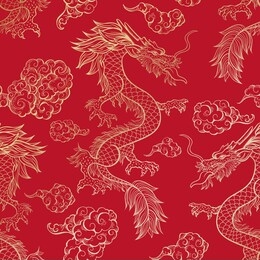 oriental dragon flying in clouds seamless pattern. traditional chinese mythological animal hand drawn illustration. golden festival serpent on red background. wrapping paper, wallpaper, textile design
