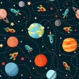 seamless space pattern. planets, rockets and stars. cartoon spaceship icons. kid's elements for scrap-booking. childish background. hand drawn vector illustration. 
