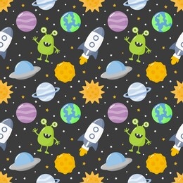seamless pattern cartoon space. planets isolated on black background. vector illustration.