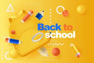 back to school poster or banner design template. vector 3d illustration of multicolor pencils, backpack and plastic geometric shapes flying on yellow background. abstract modern education concept.