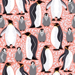 emperor penguins and their cubs on a pink patterned background. decorative antarctic pattern.