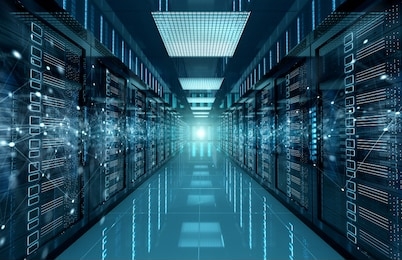 connection network in dark servers data center room storage systems 3d rendering