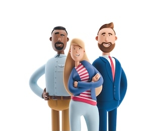 group of happy cartoon characters standing on a white background. stanley, emma and billy. 3d illustration. 