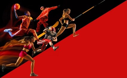 creative collage of sportsmen in action of game. black and red background. advertising, sport, healthy lifestyle, motion, activity, movement concept.