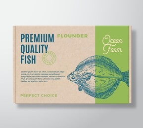 premium quality fish realistic cardboard box. abstract vector packaging design or label. modern typography, hand drawn flatfish or flounder silhouette. craft paper background layout. isolated.
