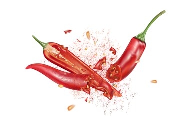 red chili pepper with chili splashing elements ads isolated on white background, vector realistic in 3d illustration.