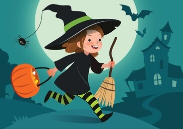 nighttime halloween scene vector illustration. cute happy little girl dressed up as witch runs with bucket of candy. full moon, haunted house, forest cemetery in the background. flyer, poster, banner.