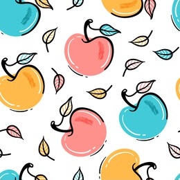 apple fruit repeating background. seamless pattern with hand drawn doodle apples and leaves. colorful fruits wallpaper. healthy summer food background