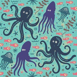 cute seamless pattern with underwater live: octopus, squid, jellyfish, fish. vector tropical background in blue and violet colors.