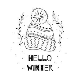 hello winter text knitted woolen cap sketched christmas time element chopping concept vector