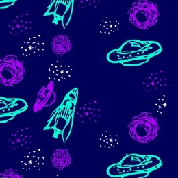 hand drawn space elements seamless pattern illustration. vector illustration. seamless pattern with cartoon space rockets, planets, stars.