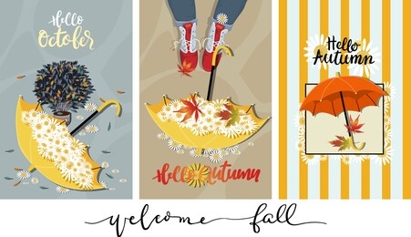 set of cute cartoon autumn banner,vector hello autumn with striped pattern,umbellar,autumn potplant, daisys and maples leave falling on the graund, autumn or fall seasons background