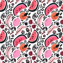 tropical fruits seamless pattern. unusual trendy background with watermelon, banana, orange, lemon, berries pop art doodles. hand painted watercolor illustration in 80s 90s pop art, hipster style.