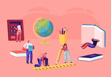 education concept, tiny male and female characters with school stationery, college or university students with book, calculator, ruler, globe, back to school knowledge cartoon flat vector illustration