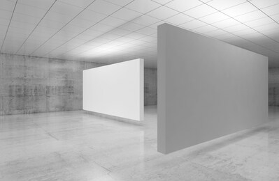 abstract empty minimalist interior, white stands installation is in exhibition gallery room with walls made of polished concrete and shiny ceiling. 3d illustration