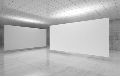 abstract empty gallery interior, white stands installation is in exhibition room with walls made of polished concrete and shiny ceiling. 3d illustration