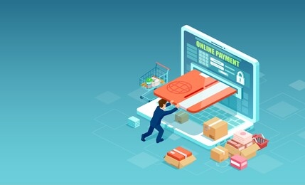 online payment concept. vector of a shopper man shopping in the internet pushing card into laptop screen paying for orders