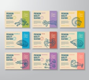 premium quality seafood labels set. abstract vector packaging design. modern typography and hand drawn crab, shrimp, molluscs and squid sketch silhouettes background layouts with soft shadows isolated