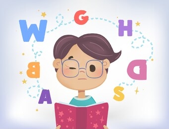 
dyslexia failing to read. confused boy screw the eye with a cloud of scattered letters above his head and book.  learning disability concept. flat vector illustration. isolated on white background.
