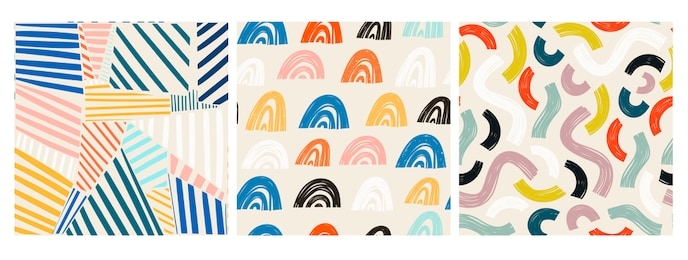 various lines and shapes. rainbow shapes, curves, arcs. set of three colorful abstract seamless patterns. hand drawn vector illustrations. every pattern is isolated