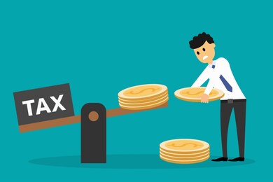 flat style of man putting coins on scales with tax card trying to payout charge on blue background