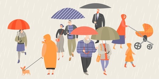 vector illustration of people walking with umbrellas in the rain. young people, old people and children on a cold autumn day.