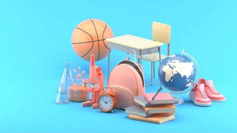 school bags, books, microscopes, science test tubes, globes, basketballs, sneakers and study tables on a blue background.-3d rendering.
