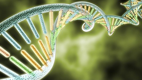 colorized dna model on green biological styled background, 3d rendering with depth of field (dof)