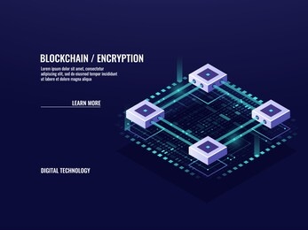 blockchain concept, server room, big data processing and cloud computing, digital technology website banner, database isometric icon, encryption and cryptocurrency exchange, vector 3d