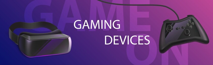 gaming devices vr glasses and gamepad banner, virtual reality goggles, controller joystick, tools for playing electronic video games in digital cyber space, innovation realistic 3d vector illustration