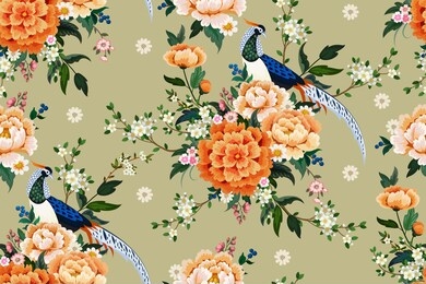 beautiful seamless pattern with diamond pheasant sitting on peony branch with blooming sakura,plum and daisies for summer dress in chinese style
