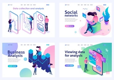 set of isometric concepts.social networks, data analysis, business analysis, data collection. for landing page concepts and web design