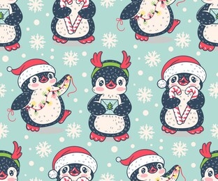 seamless pattern with cute penguins. hand-drawn illustration. vector.