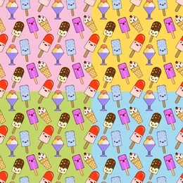 ice cream cute seamless pattern set. kawaii cartoon characters. wafer surface with melted strawberry cream. hello summer design. illustration
