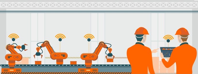 smart factory with workers, robots and assembly line, industry technology concept. production technology concept illustration.