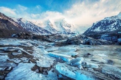 a peak of mountain in skaftafell is covered by snow in winter in iceland.