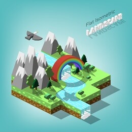 vector isometric illustration of a nature. landscape with a forest, waterfall, mountains and rainbow