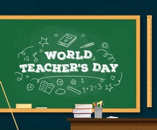 vector illustration of happy world teacher's day. stack of books with color pencil on table and doodle typography on green blackboard background. chalk drawn congratulations. vector illustration.