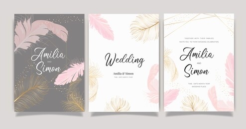 wedding invitation set,  invite thank you, rsvp modern card design in golden and pink feather  decorative vector elegant rustic template