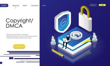 dmca data copyright isometric icon, content security, book with lock and shield, electronic digital contract, young man with laptop pc, flat cartoon vector illustration.