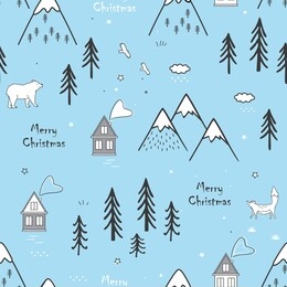 scandinavian seamless winter hand drawn pattern with snow, trees, houses, foxes and child. landscape ornamental background for wallpaper, pattern fills, printing on fabric, digital paper. vector illus