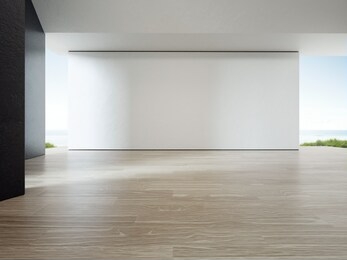 sea view room of luxury summer beach house with wooden floor. empty white concrete wall background in vacation home or holiday villa. hotel interior 3d illustration.