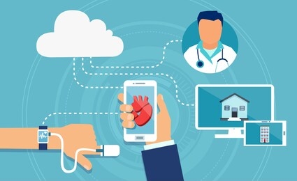vector of a modern health care devices tracking patient heart rate with smart bracelet and mobile phone