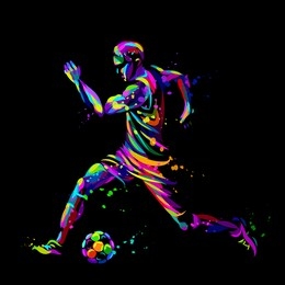 footballer with the ball. abstract, graphic, multi-colored image of a football player on a  black  background in pop art style with watercolor splashes.