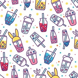 vector seamless pattern. simple abstract design. little cups of boba tea. perfect for textile, texture, ornament, modern cottons and more. elements for tea-houses, coffee houses, restaurant design