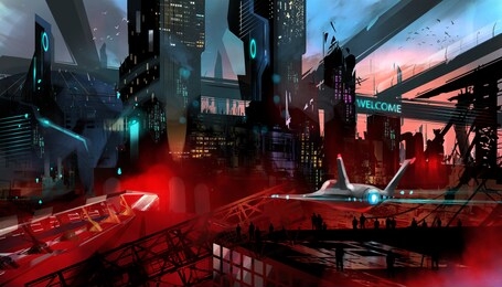 digital illustration painting design style a survey jet flying above abandoned city and many people.